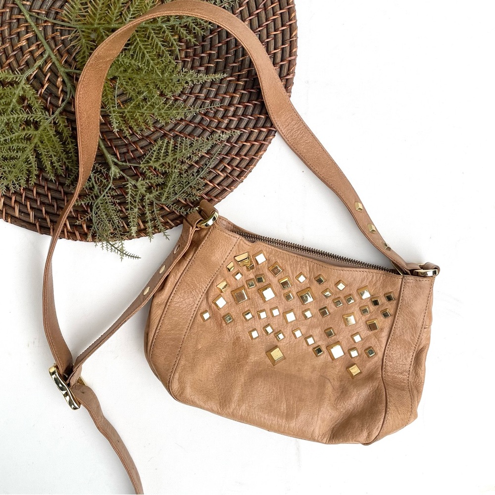 Treesje Womens Purse Crosbody Tan Gold Studded Adjustable Straps